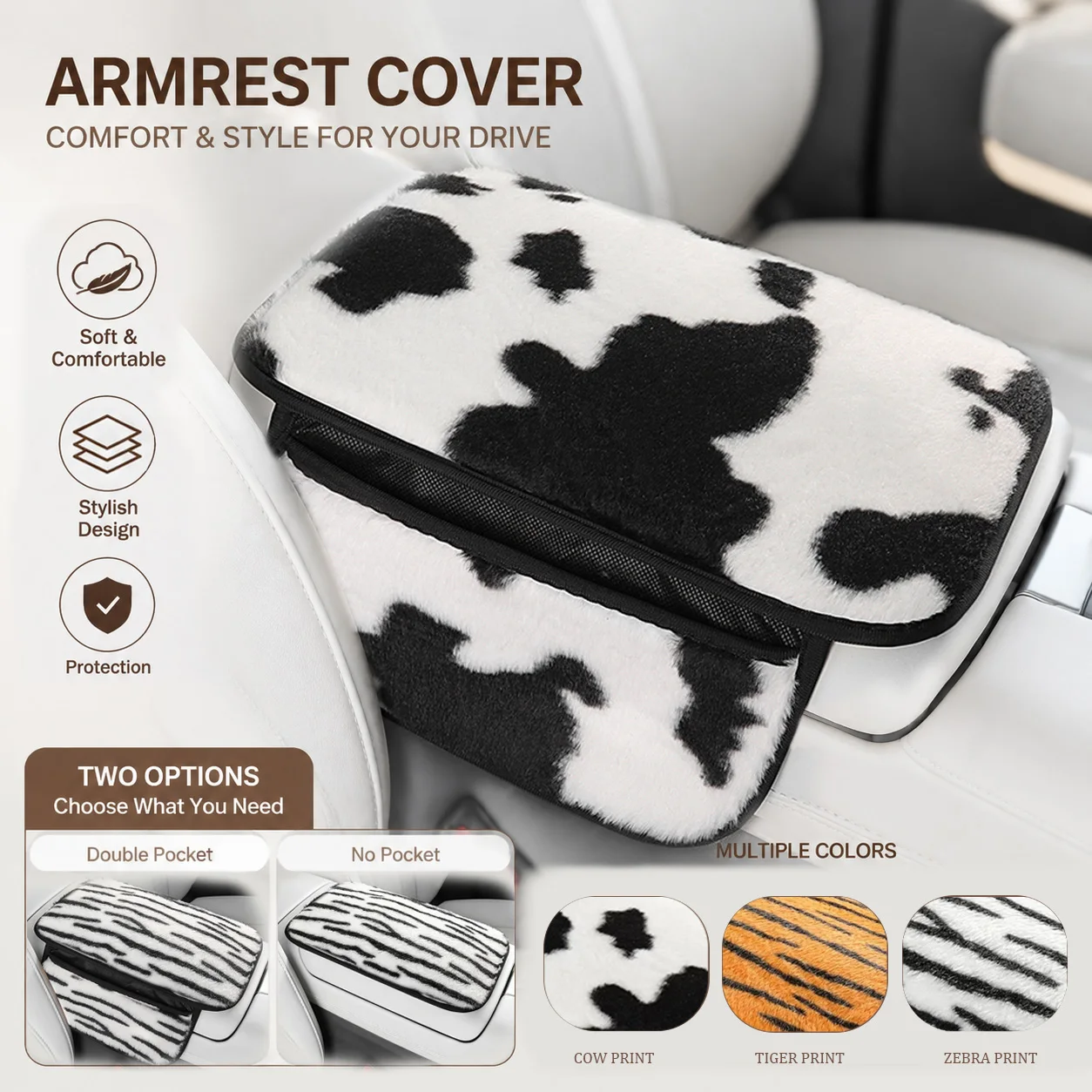 Animal Print Plush Armrest Pad, Available with or without Pocket, Soft and Comfortable, Car Interior Accessory
