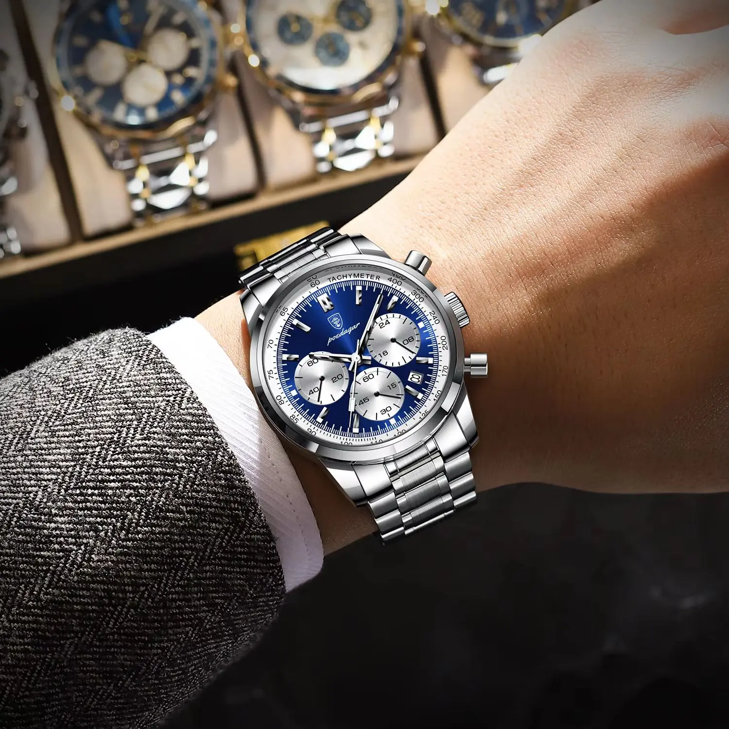 POEDAGAR العلامة التجارية الفاخرة رجل الساعات مقاوم للماء مضيئة تاريخ كرونوغراف ساعة كوارتز رجالية الفولاذ المقاوم للصدأ ساعة رياضية للرجال