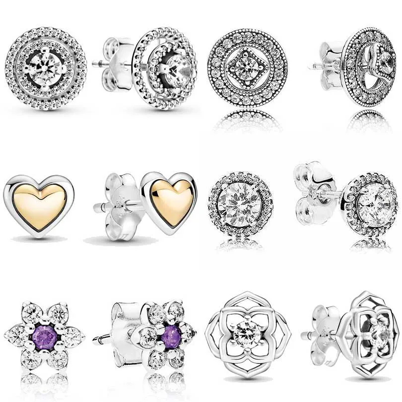 Classic 925 Silver Plated Earrings Sparkling Double Halo Forget Me Not Domed Golden Heart Stud Women's DIY Jewelry