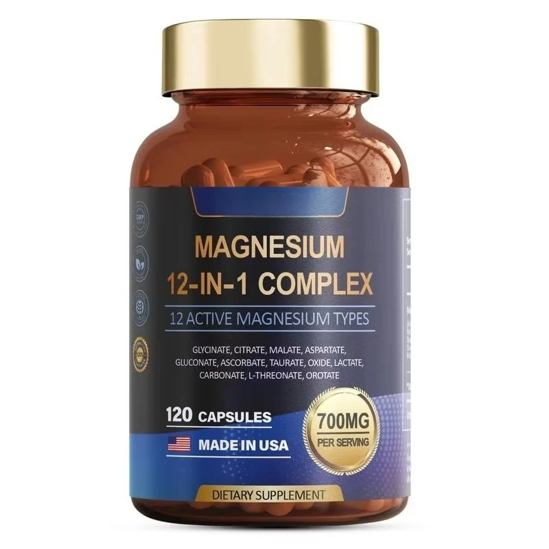 المكملات المعقدة 12 في 1 من المغنيسيوم - 700 ملغ كبسولات جليسينات المغنيسيوم للنساء والرجال دعم نوم العضلات والعصب 120 عدد