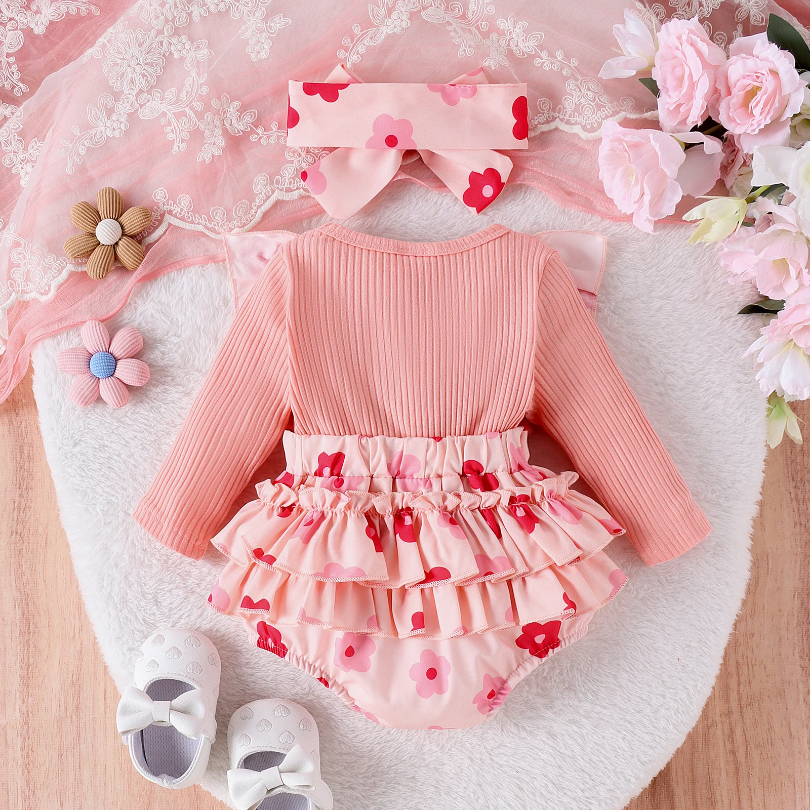 2PCS Autumn New Style 0-1 Year Old Girl Baby Sweet And Cute Round Collar Long-Sleeved Printed One-Piece Pants + Hair Band