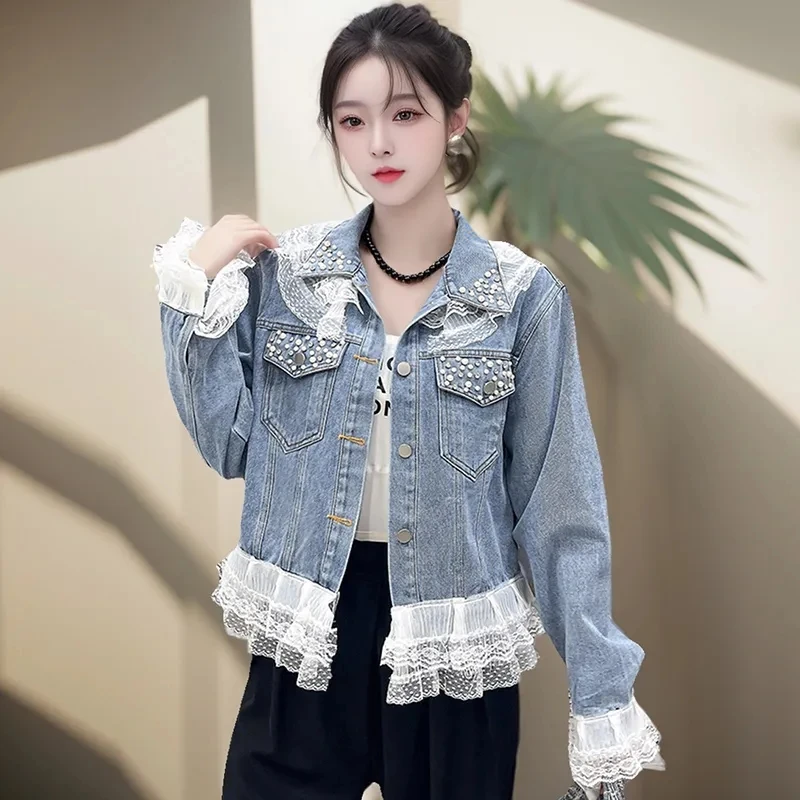 

2025 New Denim Jacket Women's Spring Autumn Splicing Cowboy Coat Female Design Unique Lace Is Super Jeans Outerwear Ladies Tops