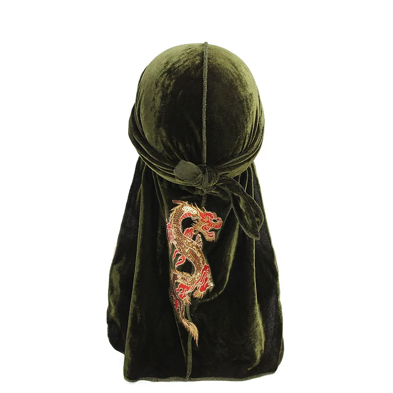 Fashion Velvet China Dragon Pattern Durag Breathable Bandana Long Tail Headwrap Women And Men Solid Color Hip Hop Turban