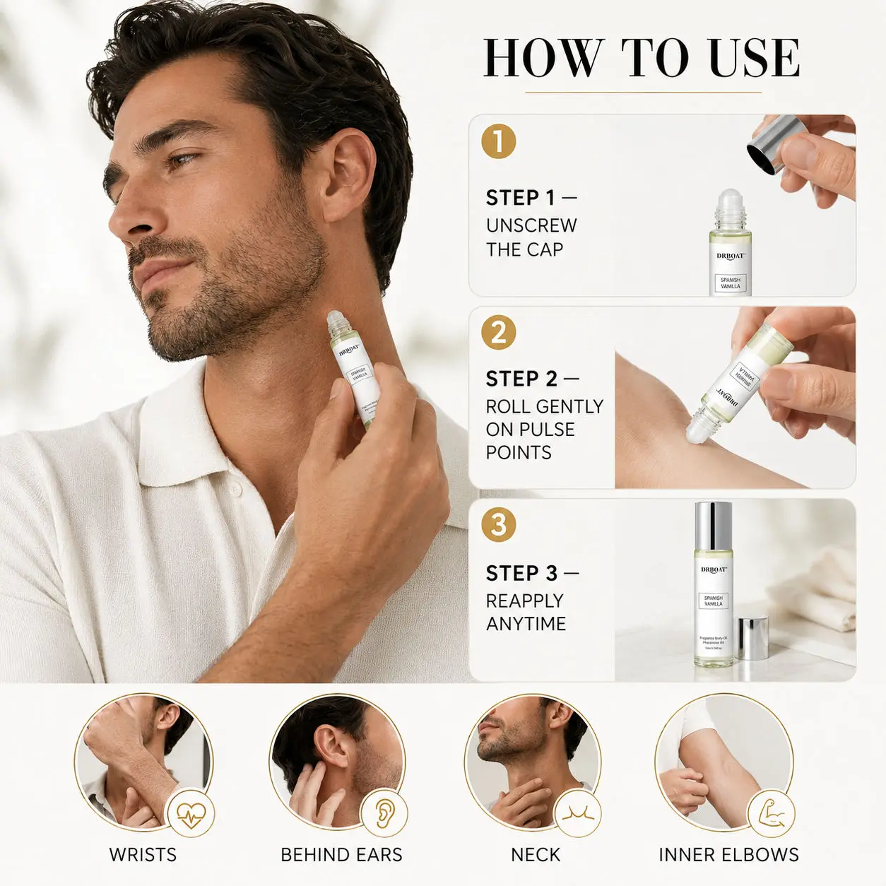 Fotografia 6: Óleo de perfume roll-on masculino, aroma de baunilha espanhola, sem álcool, fragrância de longa duração, ideal para levar em viagens, um presente perfeito para o namorado.