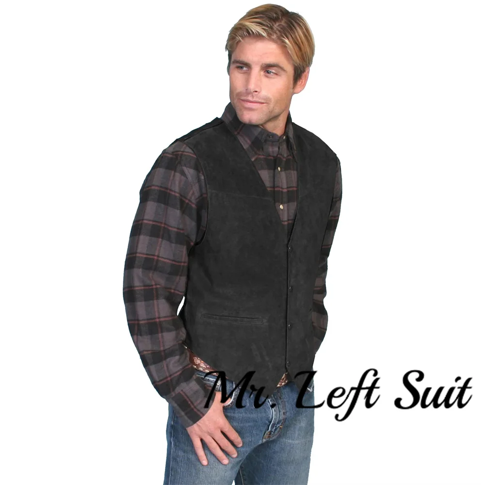 Mens Suede Leather Western Vest Waistcoat Man Western Cowboy Vests with Pockets