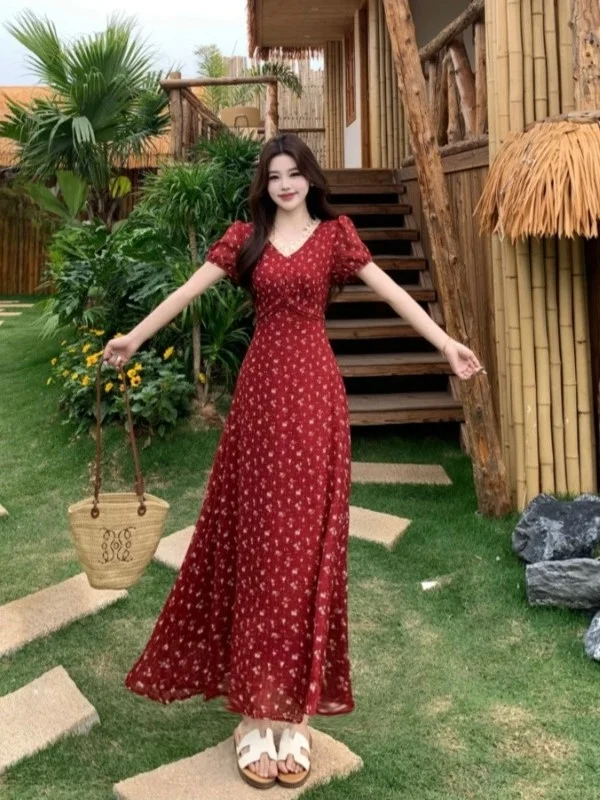 

plus Size Women's Vintage Red Lace V-Neck Short Sleeve Floral Print Dress A-Line Skirt Waist-Cinching Summer New Style Dress