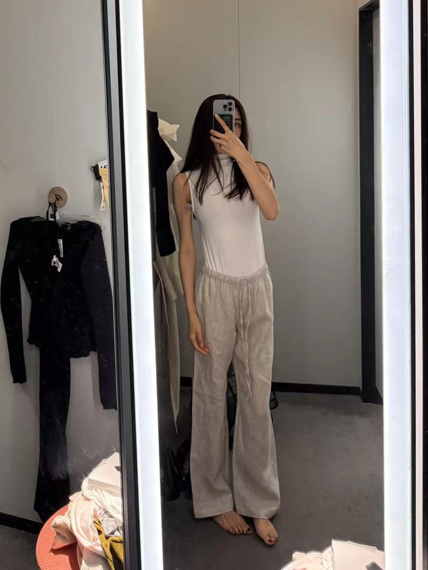 

RomStudio Lightweight Draped Straight Leg Casual Pants Elastic Waist Loose Fit Long Trousers Summer 2025 Season Linen 00%