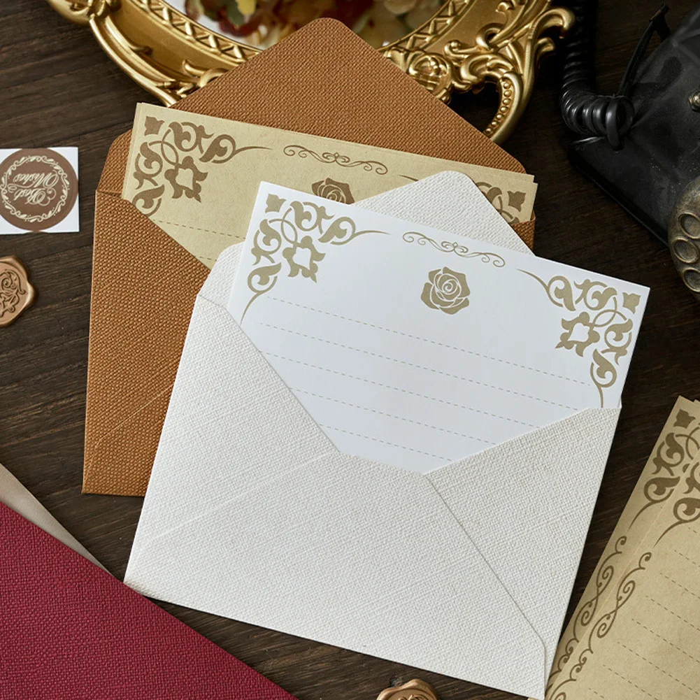 16pcs Envelope Set 3pcs Linen Patterned Invitation Envelope 3pcs Wax Seal Stickers 10pcs Kraft-colored Borderless Stationery