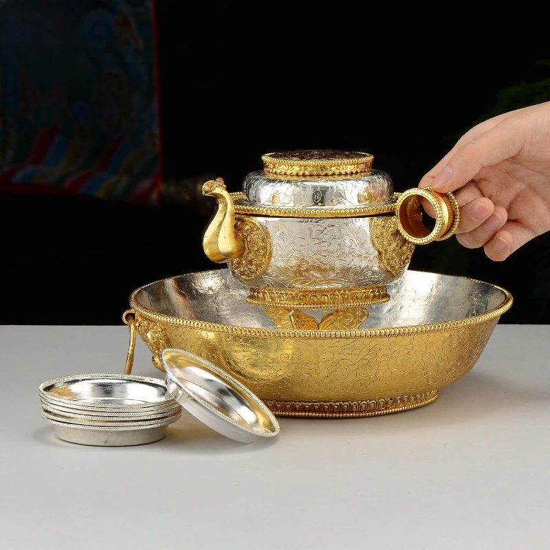 Nepal gilt silver water and land for indoor household seven water supply God of Wealth Doma plate desktop decoration ornament