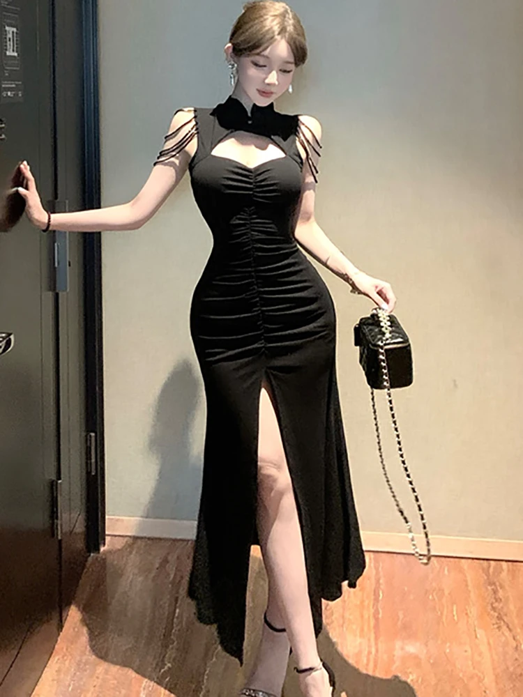 Feminino vermelho plissado bodycon oco para fora sexy vestido longo 2025 coreano vintage vestido de luxo verão elegante sem mangas vestido de baile