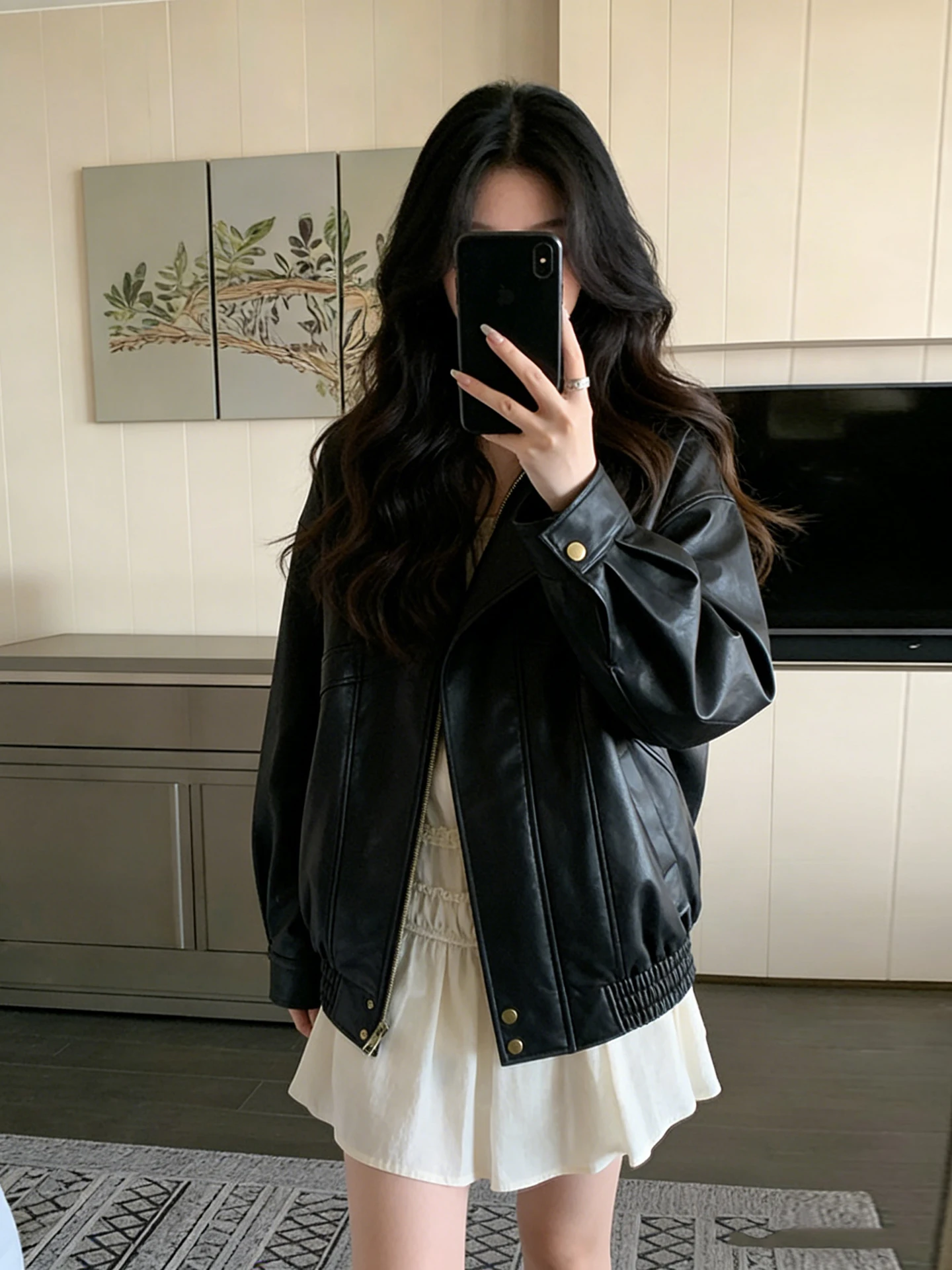 Jaqueta Feminina de Couro PU Preta Estilo Americano, Nova Coleção Primavera, Design Moderno, Casaco Curto para o Dia a Dia, Caimento Solto