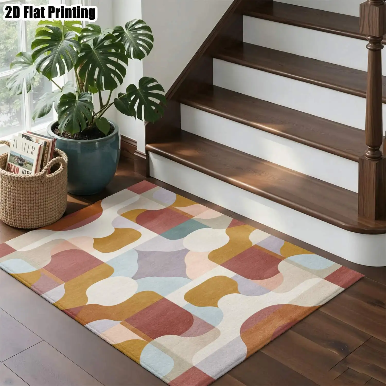 1Pc 2D Printed Carpet: Retro Color-Blocked Geometric Pattern, Nordic/Instagram Style, Modern Minimalist European Design, Machine Washable, Multi-Size, Suitable for Entrance, Living Room, Bedroom, Dining Room & Foyer as Home Decor Floor Mat