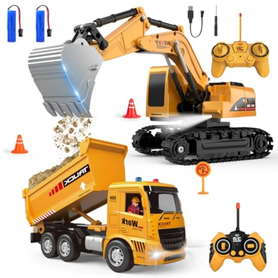 

Remote Control Excavator and Dump Truck Toy Set with Barricades Road Signs Simulated Rocks Lights and Sounds for Toddlers 3-12