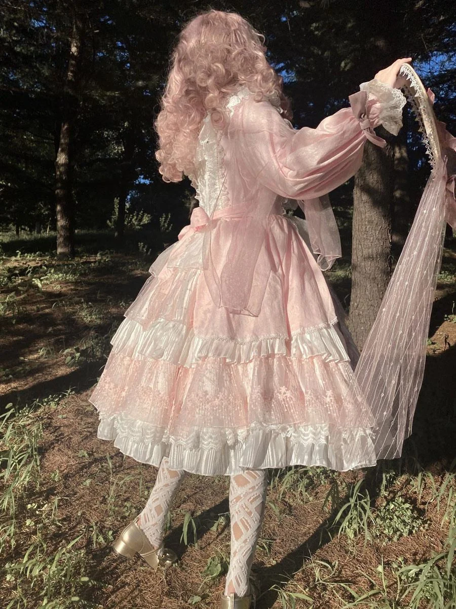 Sweet Lolita Dress Long Sleeves Layered Ruffles Pink Dress