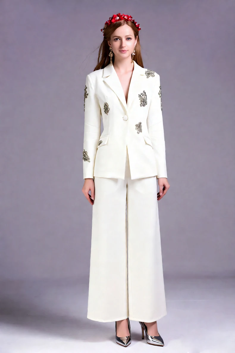 Women's White Pants Suit Set, Long Sleeve Blazer with Rhinestone Flower Embroidery, Elegant Evening Party Tuxedo Set