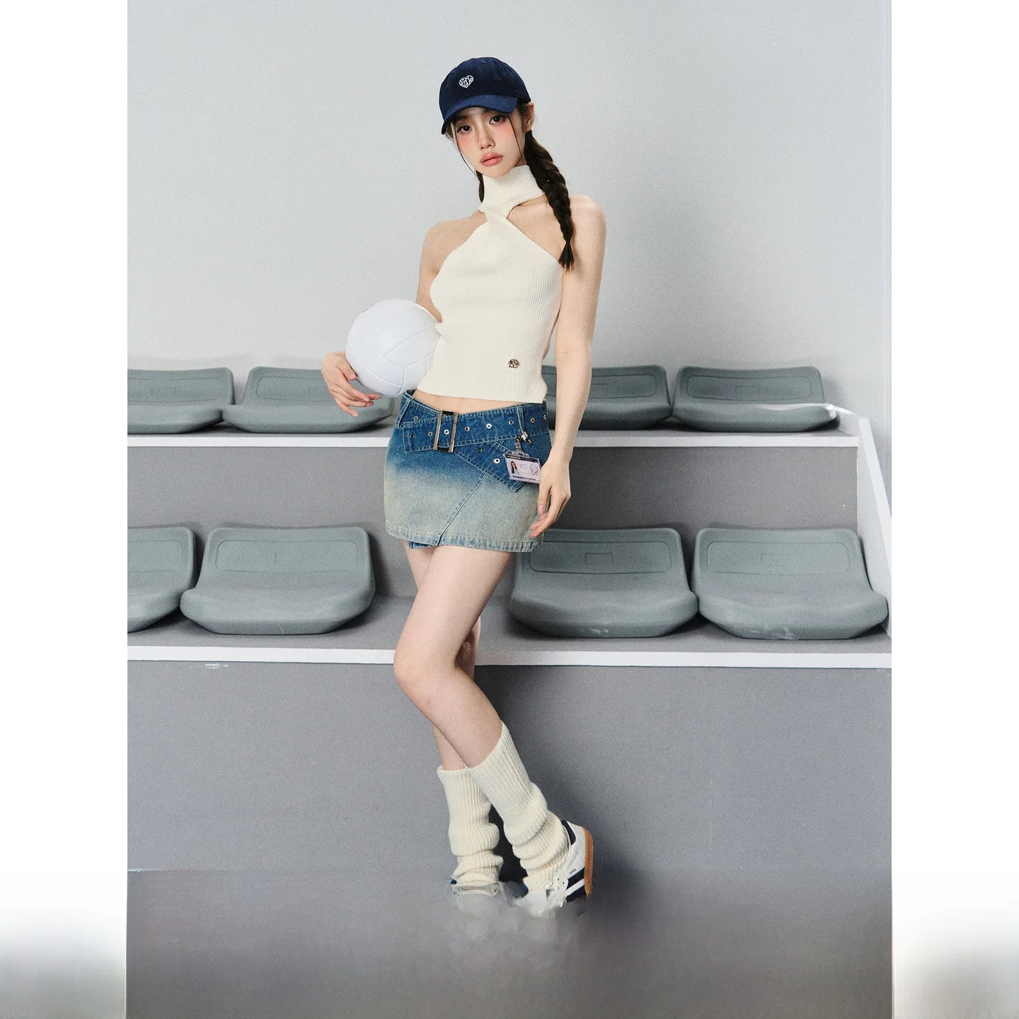 

Waed Blue Denim High Waist Skirt Asymmetrical Design Korean Sle Women's Skirt Cotton Polyester Blend Long A-Line Skirt