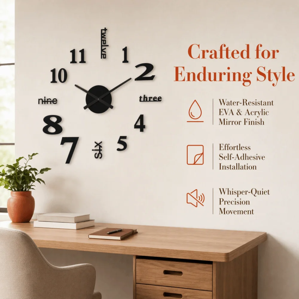 Acrylic DIY Wall Clock Black Battery Operated Mirror Sticker Clock Self-Adhesive 60cm Frameless Wall Clock Home Office