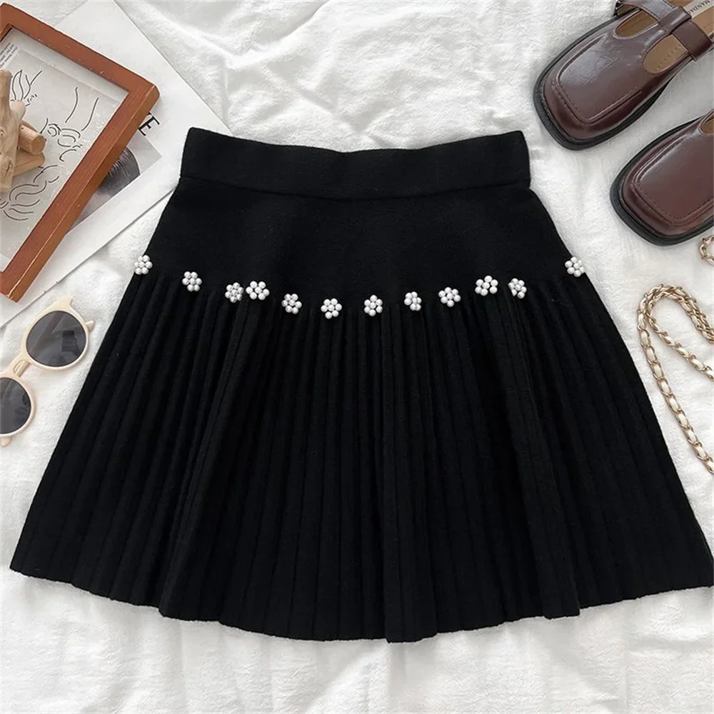 Autumn Winter Solid Color A Line Pleated Mini Skirt with Beading High Waist Knitted Skirt for Women Sexy Short Skirt