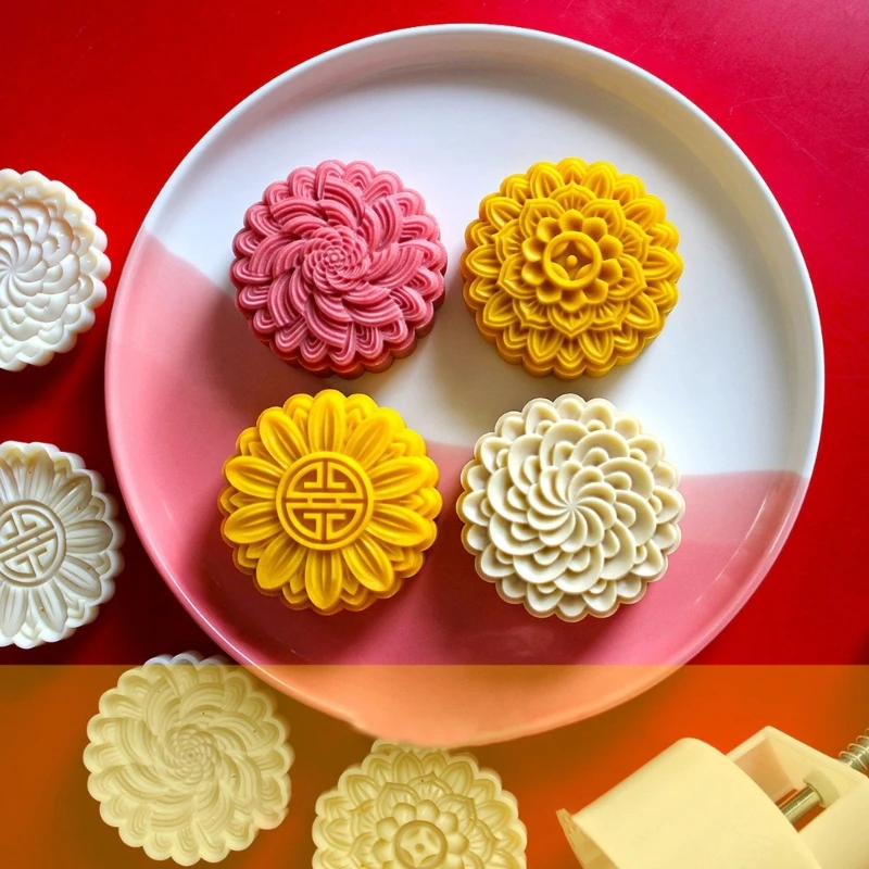 H7EA Durable 200g Mooncakes Press Home Baking 200g Mooncakes Molds with 4 Intricate 3D Pattern for Celebration Cakes