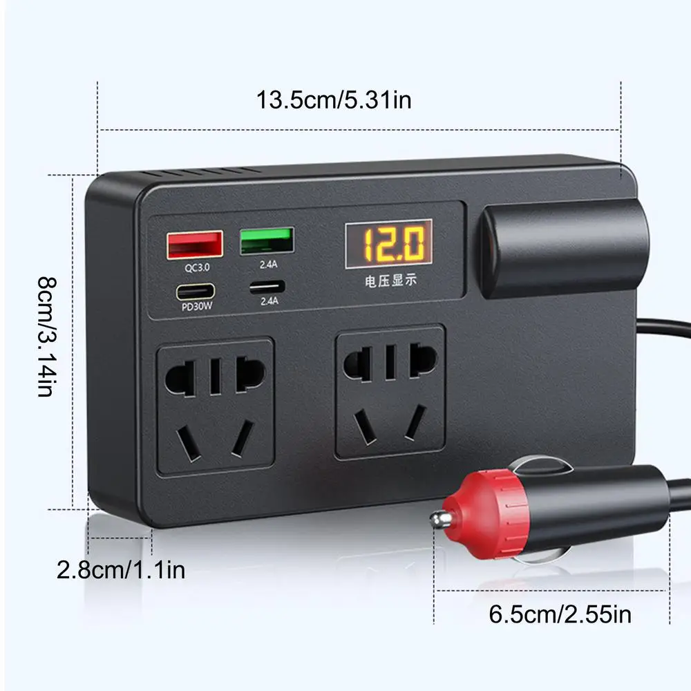 Car Inverter Power Adapter Voltage Detection DC 12V/24V to AC 220V USB/PD/Type-C Chargers Converter 200W QC 3.0 ON/OFF Switch