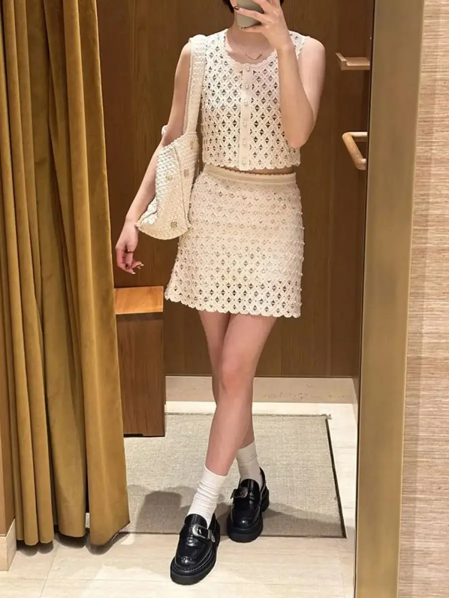 

Crochet Hollow Out Women White Set Pearl decoration Elastic Waist Mini Skirt + O-Neck Single Breasted Sleeveless Vest Cardigan