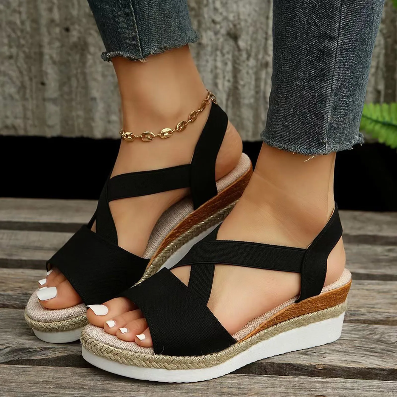 

Wedges Peep Toe Modern PU Sandals Fashion 2024 High Quality Women's Shoes Elastic Band Solid Mid Heel Summer Female Sandals