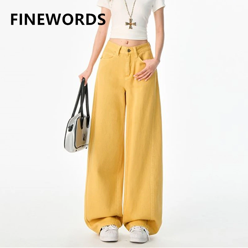 

FINEWORDS High Waist Casual Vintage Yellow Jeans Women Korean Wide Leg Jeans Streetwear Easymatch Daily Baggy Denim Pants