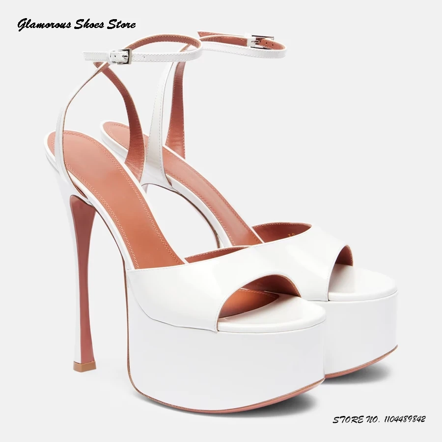 

Patent Leather Platform High Heel Sandals Women's Buckle Strap Party Wedding Dress Shoes Summer Round Open Toe Thin High Heels