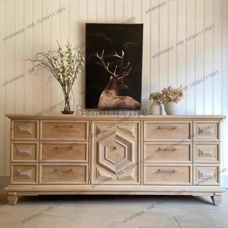 

French solid wood carving flower TV cabinet living room simple retro old entrance cabinet dining side cabinet