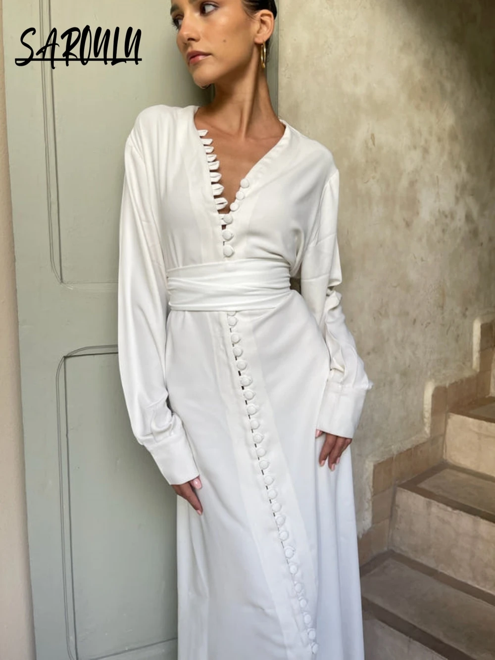 White Round Buttons Evening Dress Simple A-line Bridal Caftan Dresses Kaftan V-neck Gown For Wedding Customized Vestidos De Gala