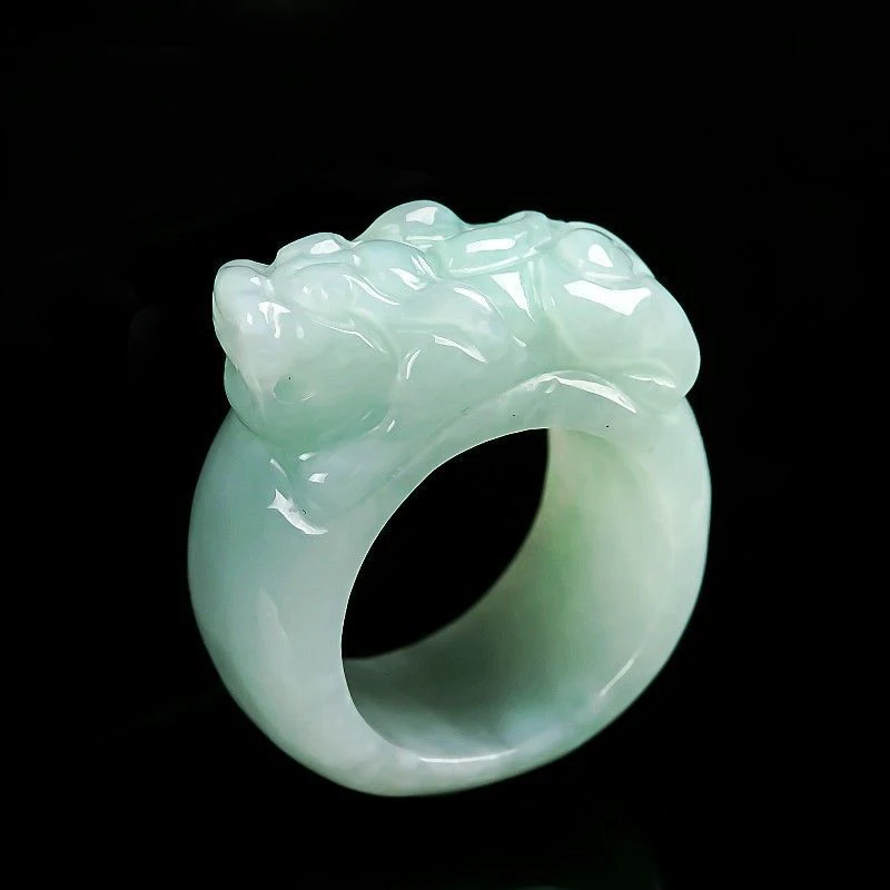 Drop Shipping Natural Jade Pixiu Finger Ring Light Green AAA Grade Myanmar Burma Jadeite Charm Jewelry Hand Carved For Women Men