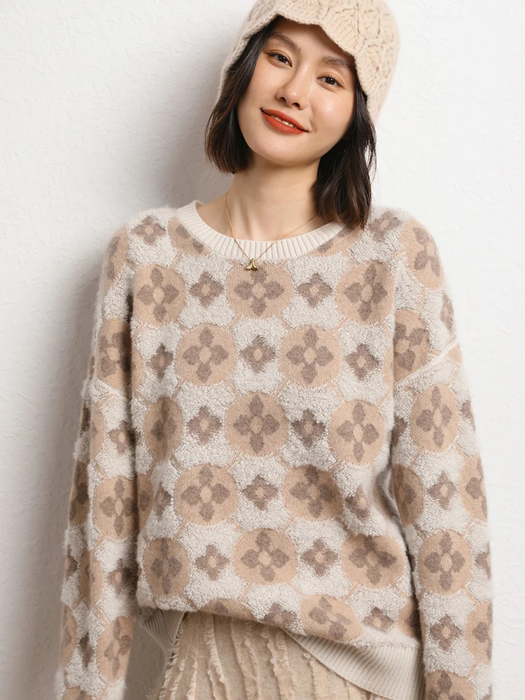 جديد إمرأة 100% سترة الكشمير المعنقة الجاكار منشفة التطريز س الرقبة البلوز الصناعة الثقيلة التطريز الخريف الشتاء فضفاض سميكة القمم