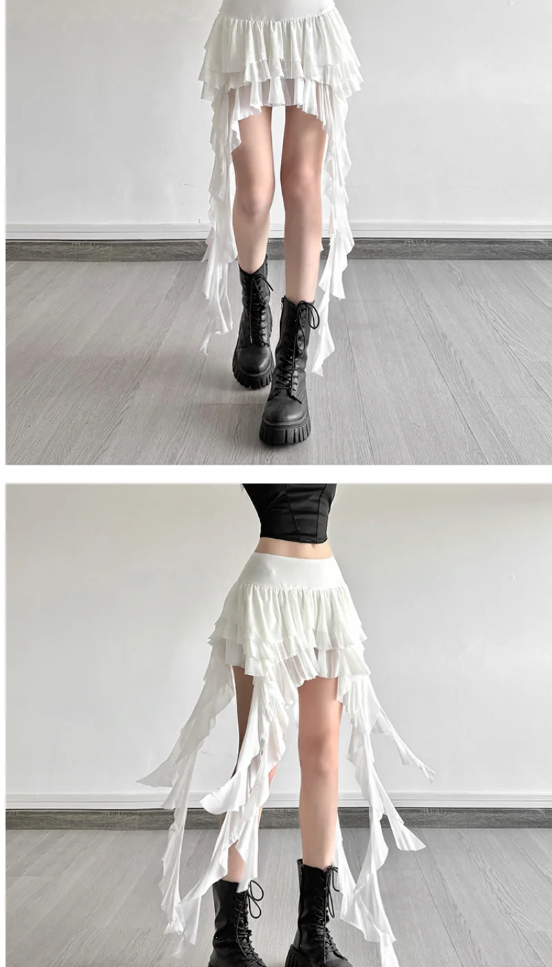 Aoaiiys White Skirts Women Irregular Ruffled Lace Mini Skirt Fashion French High Waisted A-Line Skirts Summer New Female Skirts