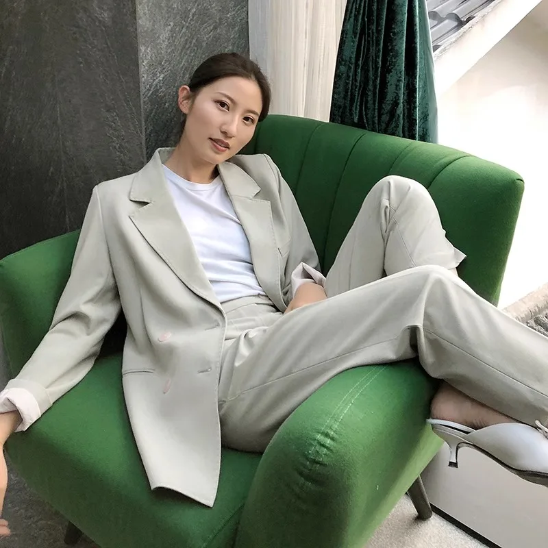 Light Green Jacket Suit for Women Ladies Winter Spring Vintage Blazer and Pants Set Y2k Clothes Office OL Style Coat Outfit 2024