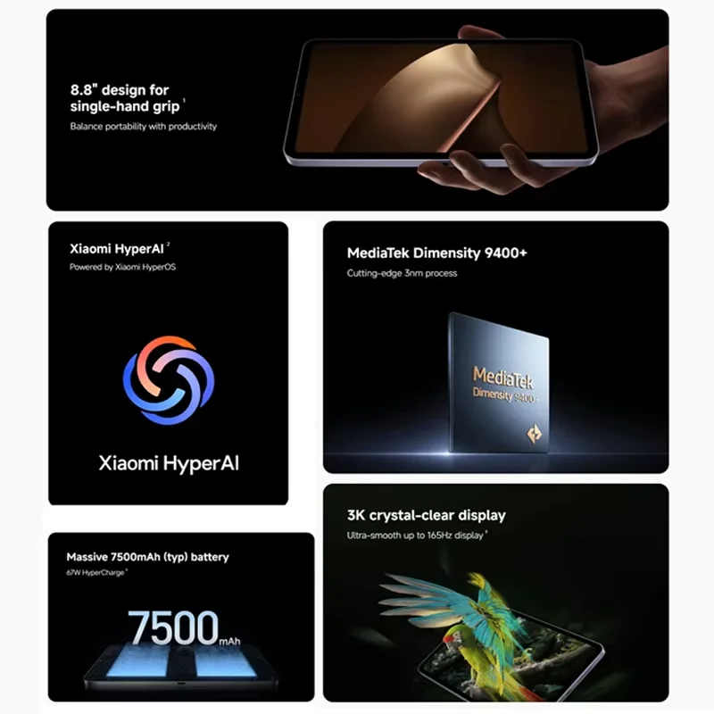 الإصدار العالمي من جهاز Xiaomi Pad Mini Tablet MediaTek Dimensity 9400+ معالج 8.8 بوصة 3K 165 هرتز عرض 7500 مللي أمبير بطارية كبيرة 67 وات HyperCharge Xiaomi Tablet
