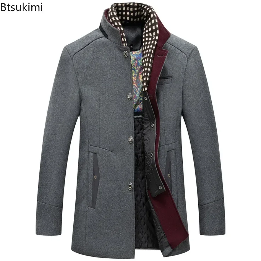 

2025 Men's Autumn Winter Wool Blends Coat Business Casual Cashmere Trench Coats Fashion Scarf Collar Man Warm Woolen Overcoats