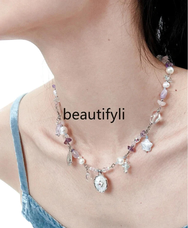 Mermaid series original natural crystal pearl necklace sweet cool color butterfly shell pendant collarbone chain