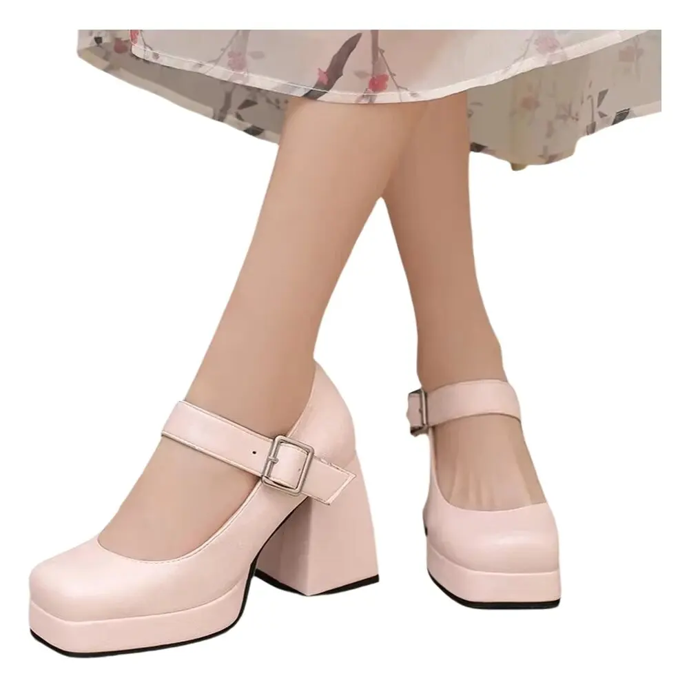 Lolita Slip On Pumps Spring Printed Platform Buckle Women Mid Block Heel Dress Shoes