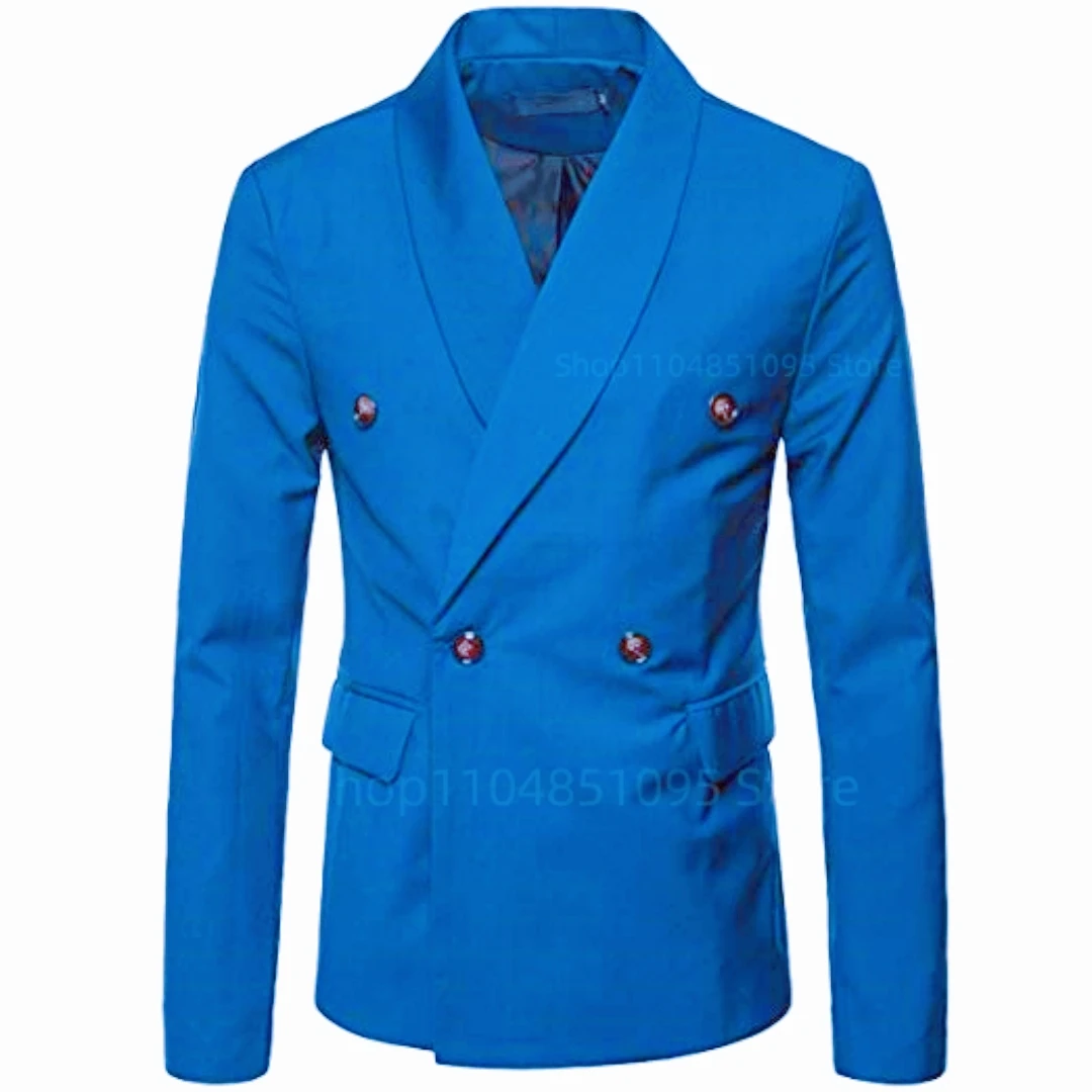 

Fashion Blue Slim Fit Suit Jacket Shawl Lapel Double Breasted Comfortable Wedding Blazer Prom Tops for Men Only One Coat