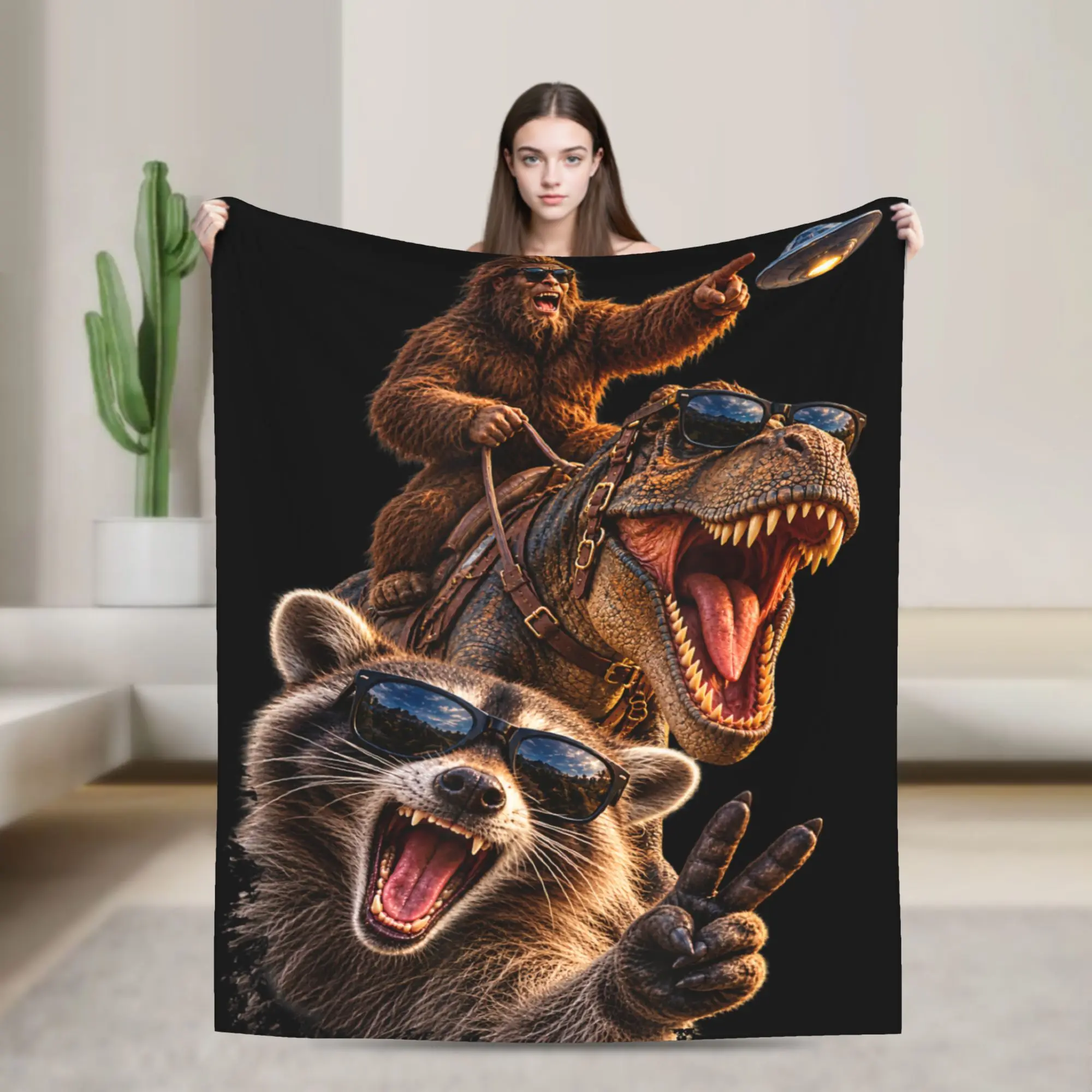 Super Soft Funny Bigfoot Ride Dinosaur Raccoon Throw Blanket Premium Fleece Flannel Lightweight Bed Blanket Super Cozy Bedspread