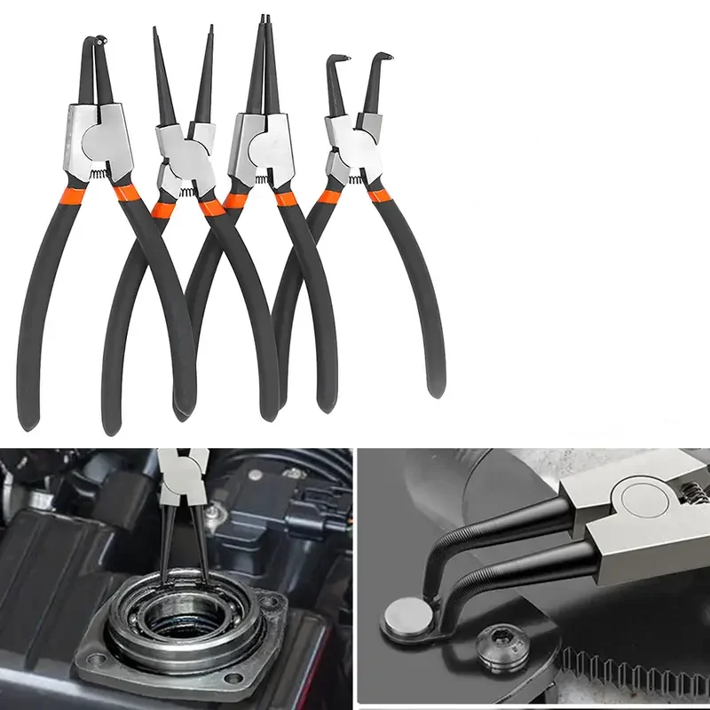 4Pcs 7in Circlip Plier Long Nose Plier/Staight Bent Plier Inner Outer Staight Bent Plier/Retaining Snap Ring Remover/Hand Tool