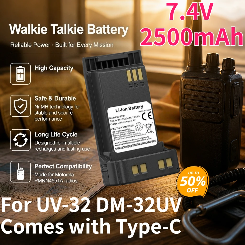 

Walkie Talkie Batteries Come with Type-C 7.4V 2500mAh 18.5Wh Battery for UV-32 DM-32UV Replaceable Rechargeable Lithium Battery