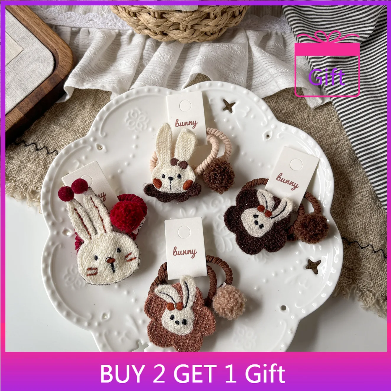 

Высокоэластичные резинки для волос, 1 пара, резинки для волос с рисунком помпона и кролика, корейская вышивка для детей