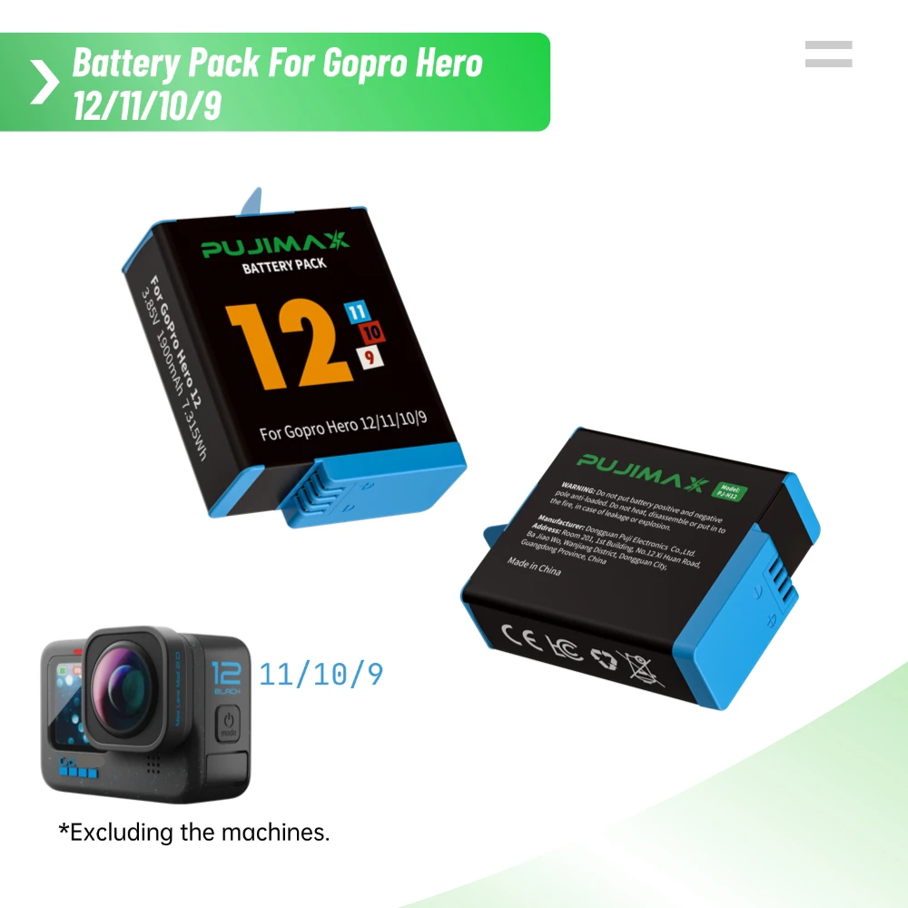 PUJIMAX 1900mAh Rechargeable Battery For GoPro Hero 12 H11 10 9 For GoPro Hero 3.85V Action Camera Battery PJ-H12