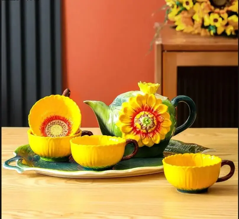 

Sunflower Cup Set Ceramic Kungfu Tea Set Creative Home One Pot Four Cup Tray Set Mug Chinese Tea Ceremony Accessories Gift