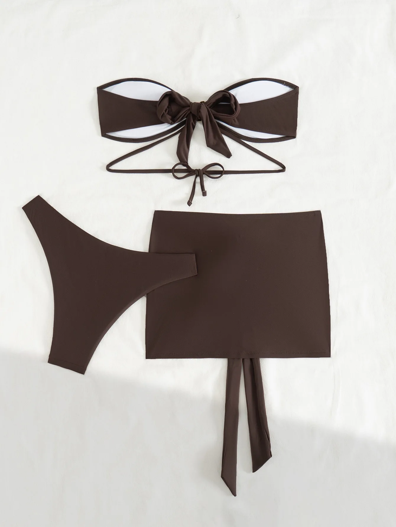 Sexy Bandeau Bikini 2025 Women Off Shoulder Coffee Metal Rectangle Push Up Skirt 3 Piece Swimsuit Beach Bathing Suit Swimwear