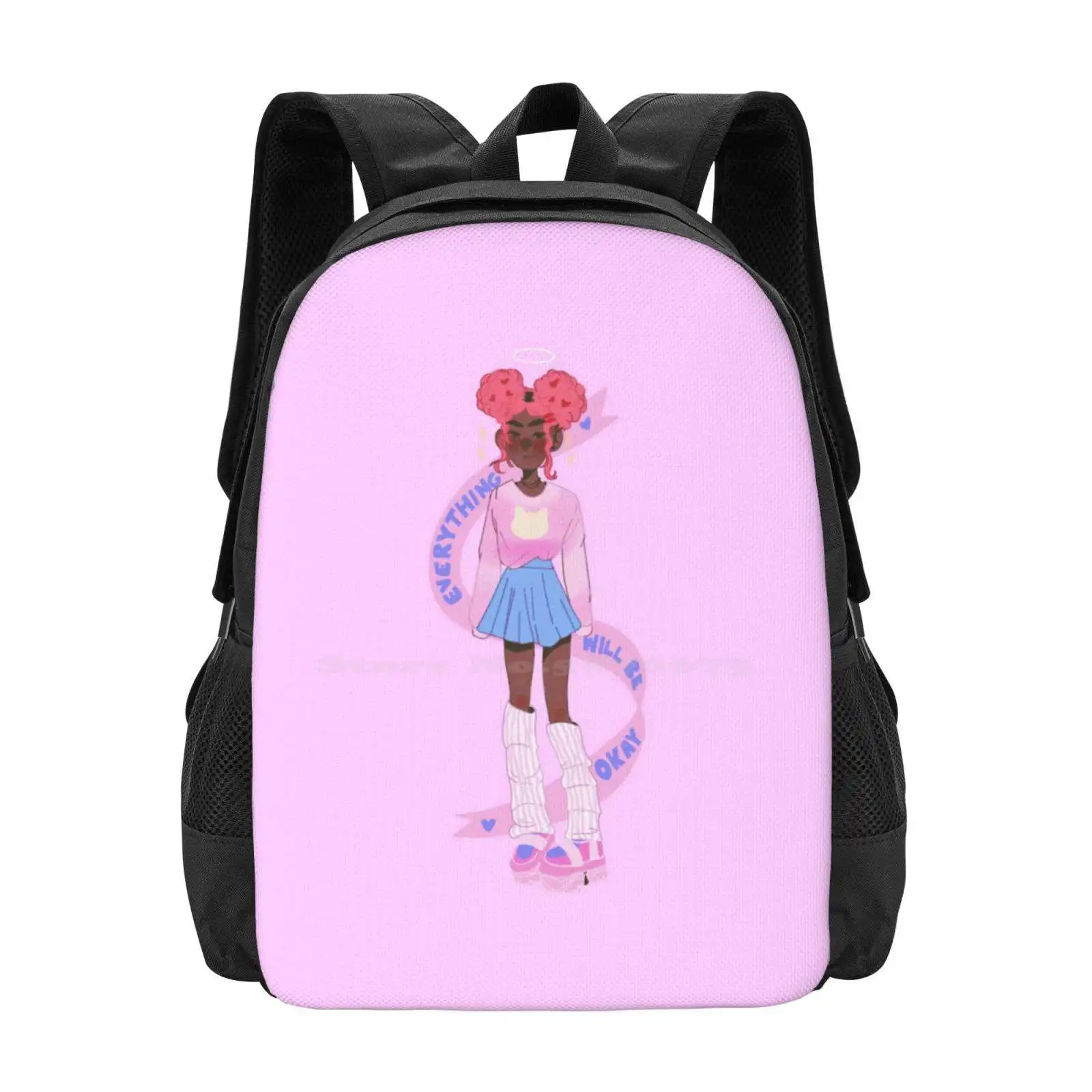 Everything Will Be Okay Hot Sale Backpack Fashion Bags Mental Health Reminder Black Artist Cute Kawaii Alt Fashion Pastel Pink