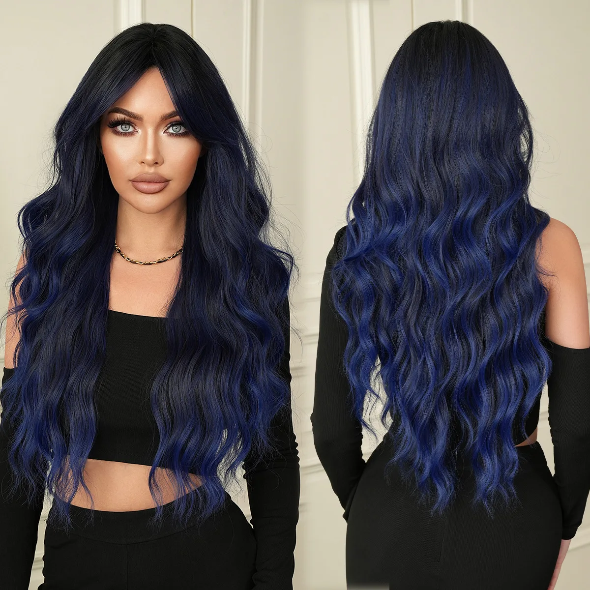 Marlin blue long curly hair wavy figure bangs fluffy blue wig full headgear