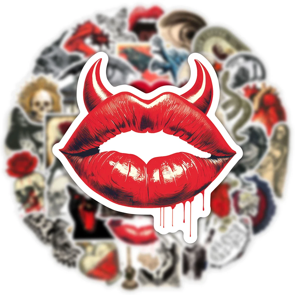 

10/30/50pcs Vintage Red and Black Horror Skull Graffiti Stickers for Luggage Laptop Bicycle Waterproof Gothic Graffiti Sticker