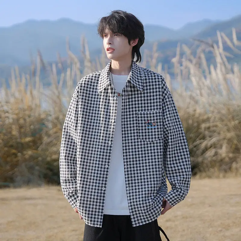 

Мужской винтажный кардиган свободного кроя с длинными рукавами в клетку, повседневный, с отложным воротником, на весну-осень, из смесового хлопка и полиэстера